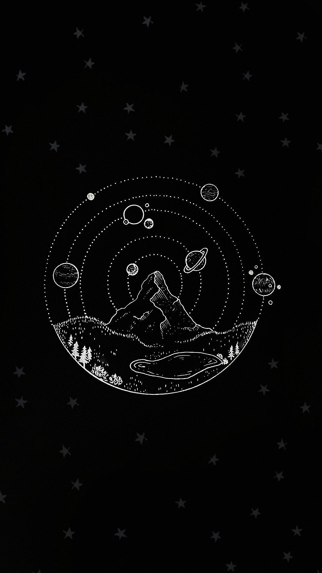 Planeten, Berge, Kreis, Line Art, Schwarzer Hintergrund, Sperrbildschirm fürs iPhone