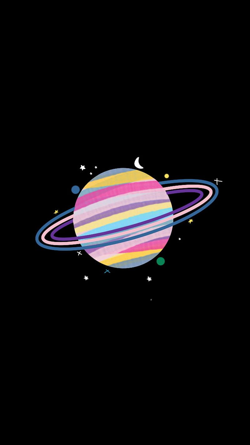 Ringplanet, Regenbogenfarben, Schwarzer Hintergrund, Minimalismus, Sperrbildschirm fürs iPhone