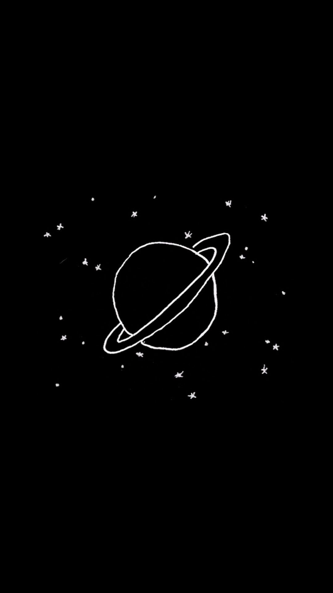 Ringplanet, Strichzeichnung, Sterne, Schwarzer Hintergrund, Minimalismus, Sperrbildschirm fürs iPhone
