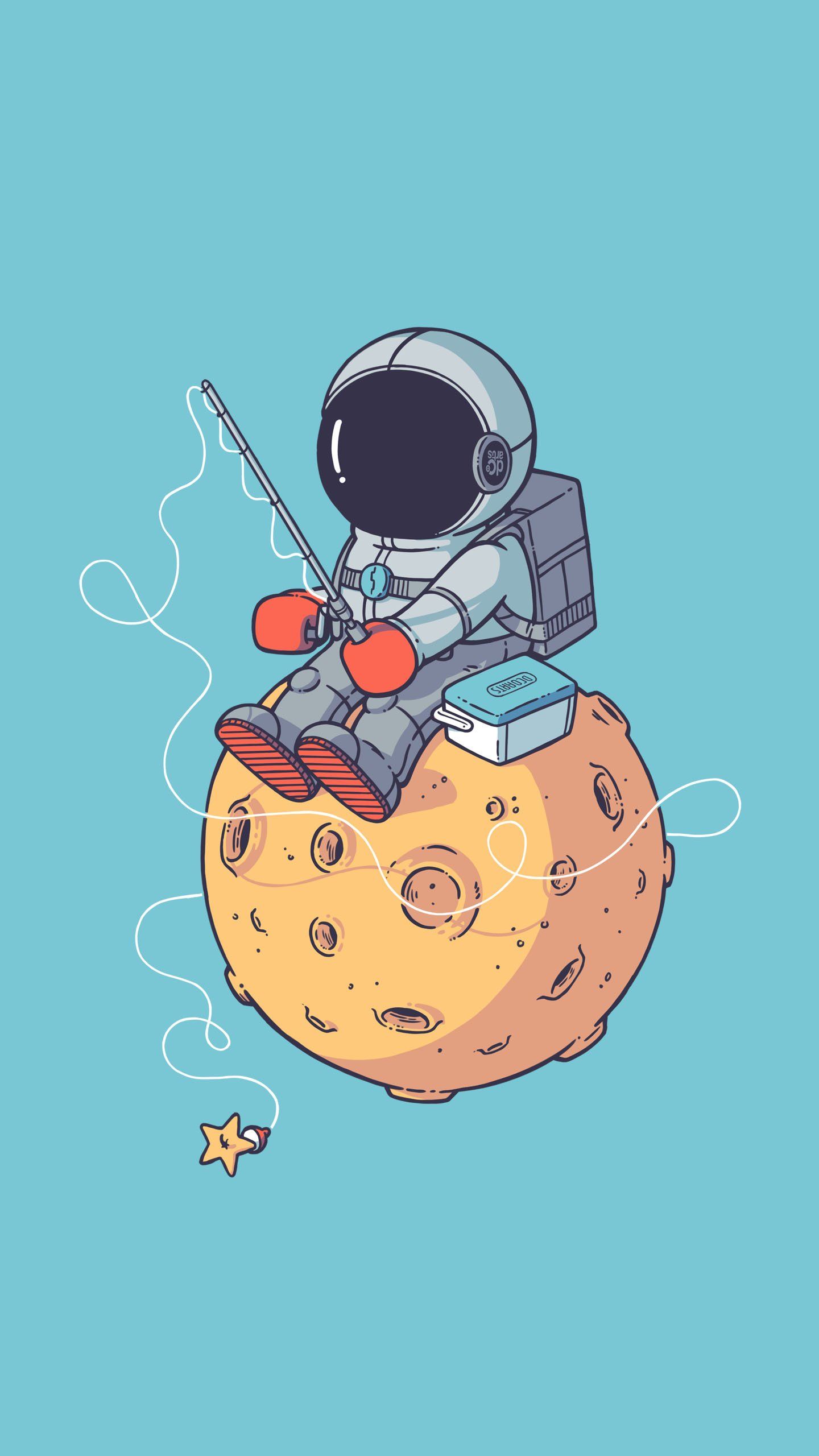Astronaut, Angeln, Mond, Cartoon, Türkiser Hintergrund, QHD+, Sperrbildschirm fürs iPhone