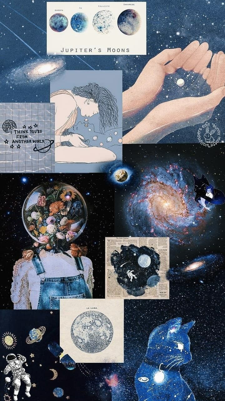 Collage, Mondphasen, Galaxie, Astronaut, Blaue Töne, HD, Sperrbildschirm fürs iPhone