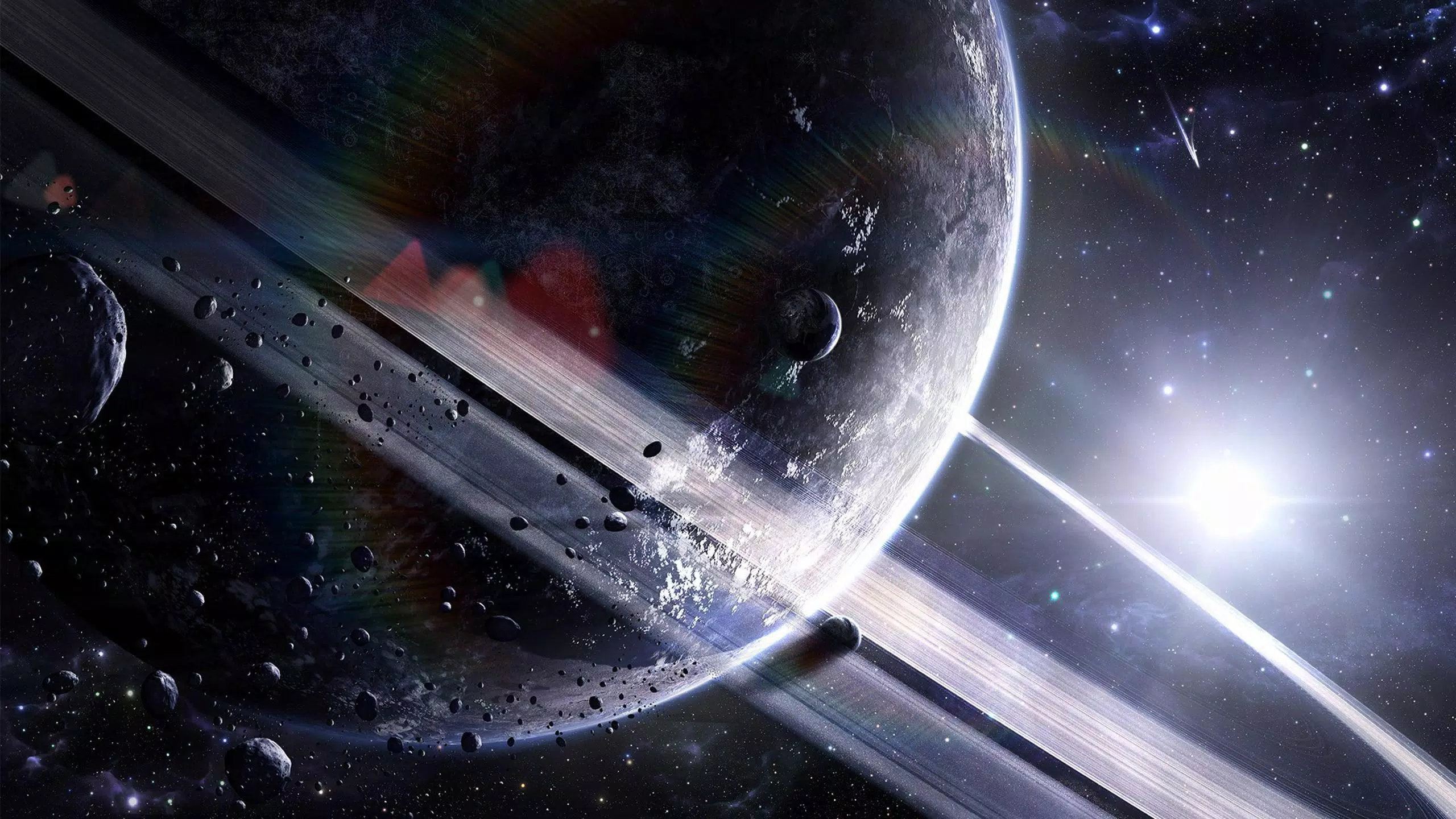 Ringplanet, Asteroiden, Sonne, Digitale Kunst, Science-Fiction, 2K, Laptop-Hintergrundbild