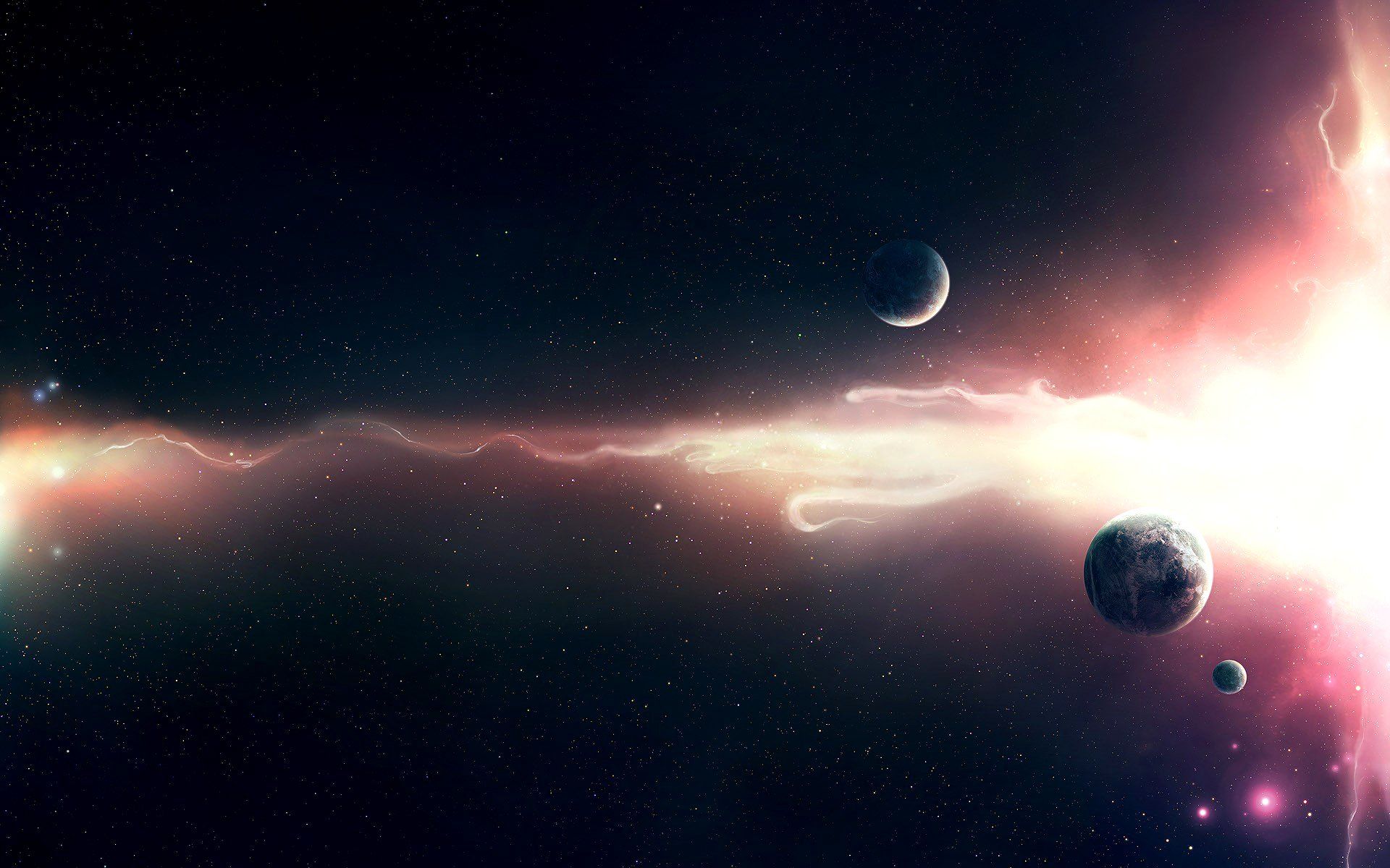 Planeten, Mond, Lichtstrahl, Sternexplosion, Digitale Kunst, Full HD, PC-Hintergrundbild