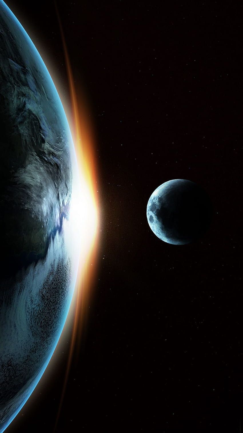 Erde, Mond, Sonnenaufgang im All, Erdrand, Weltraum, HD, Handy-Hintergrund im Hochformat