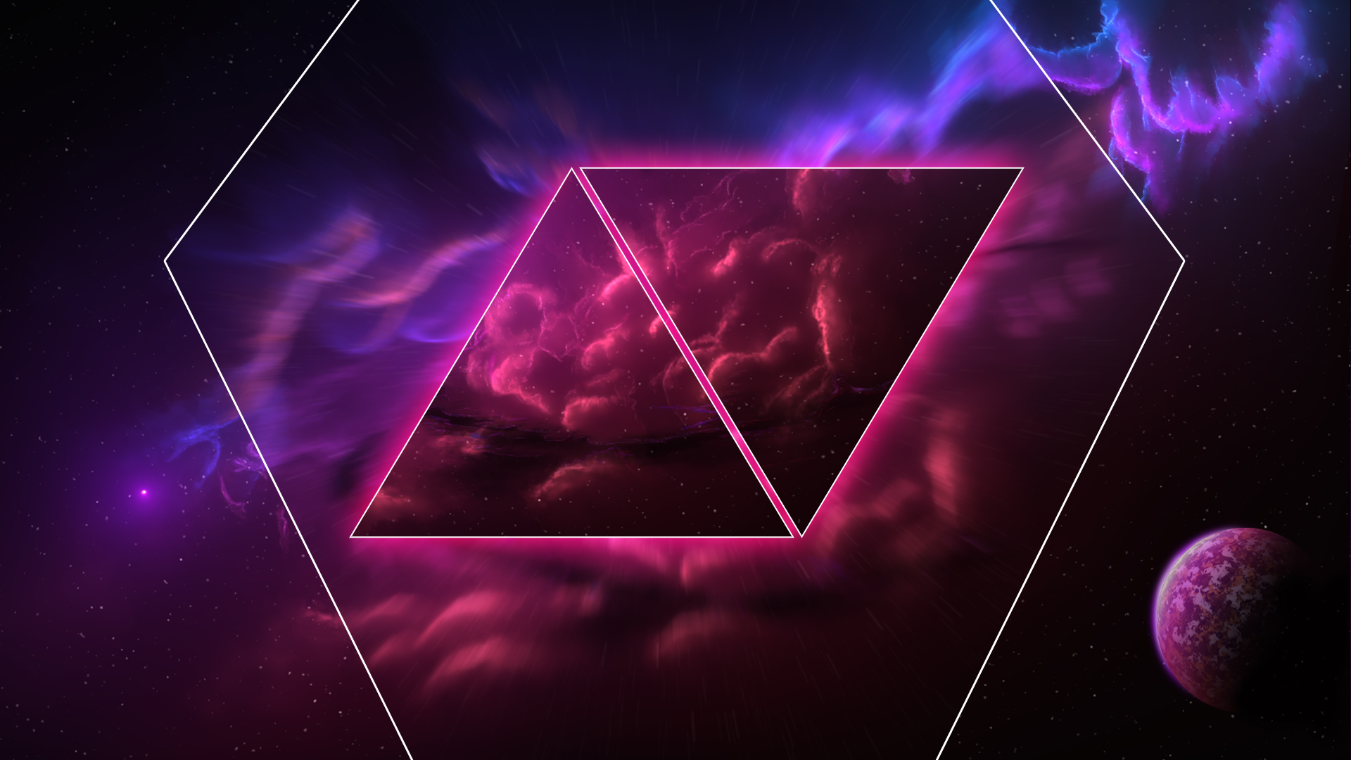 Geometrie, Dreiecke, Nebel, Planet, Neonpink, Full HD 1080p, Desktop-Hintergrundbild