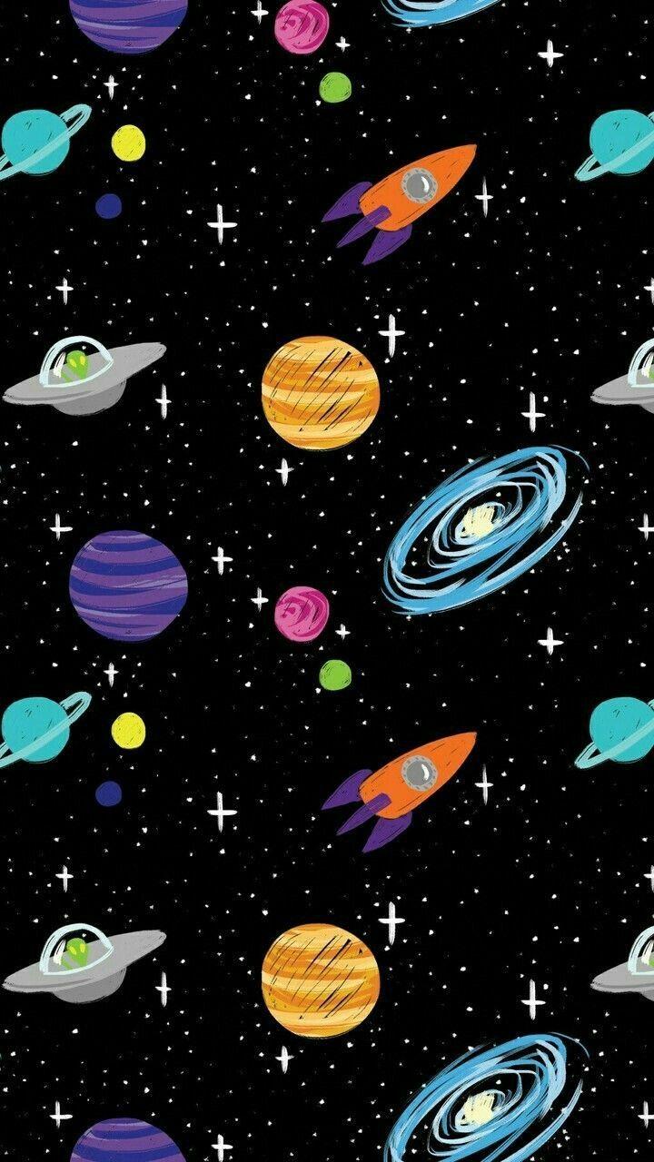 Raketen, Galaxien, Planeten, Muster, Cartoon, HD, Handy-Hintergrund im Hochformat
