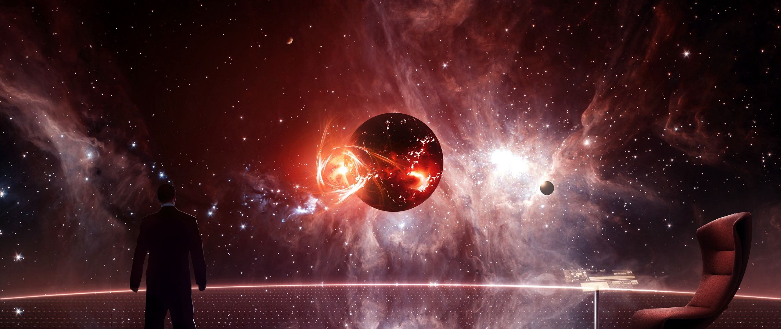 Silhouette, Roter Planet, Raumschiff, Science-Fiction, Nebel, 2K-Hintergrundbild für PC