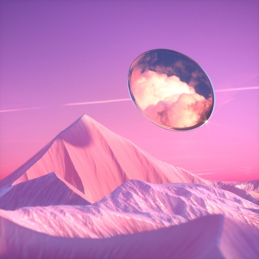 Planet, Berggipfel, Surreal, Vaporwave, Pink und Lila, Hintergrundbild für iPad und Tablet