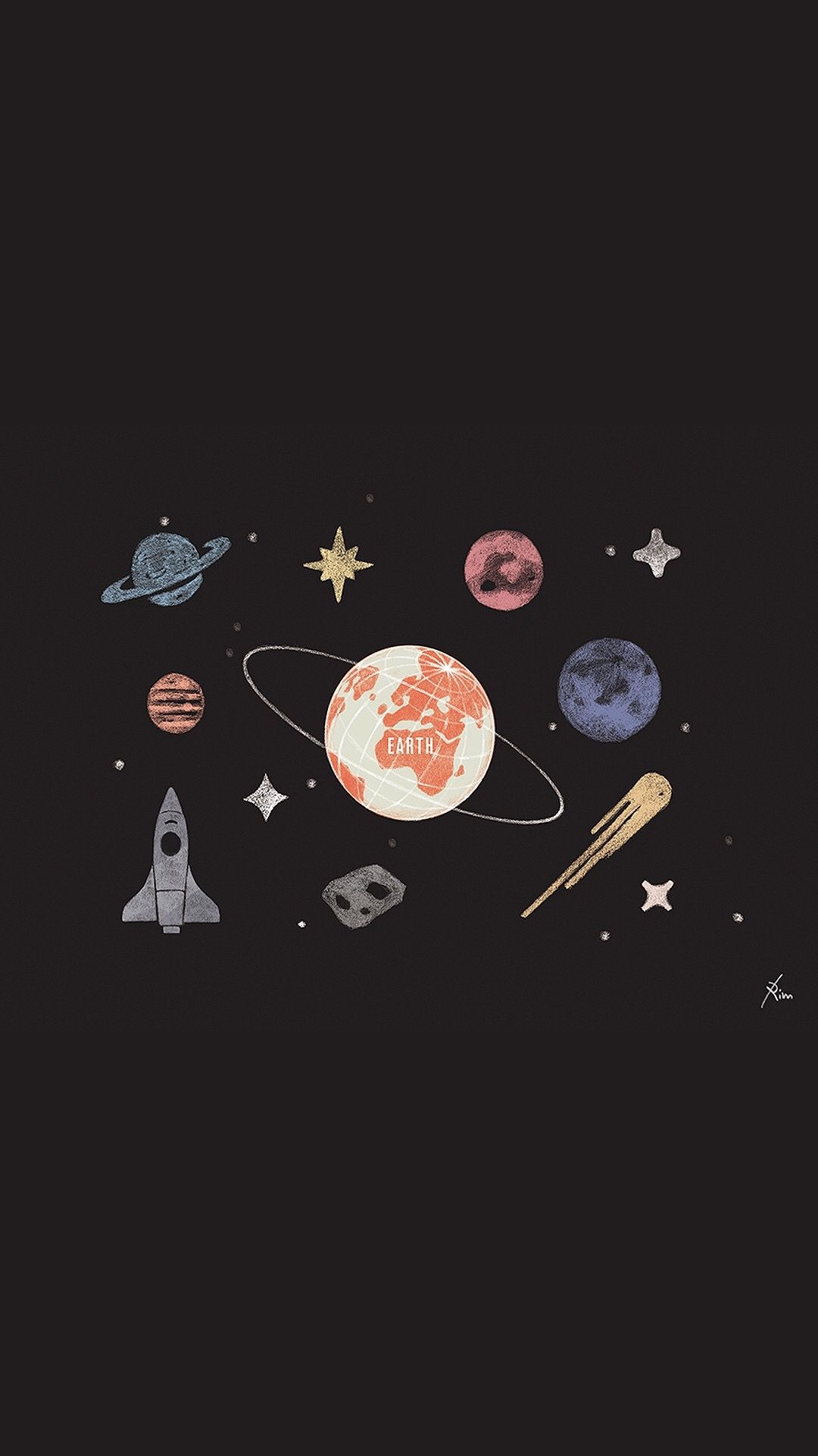 Rakete, Planeten, Komet, Doodles, Dunkelgrau, Full HD, Sperrbildschirm fürs iPhone