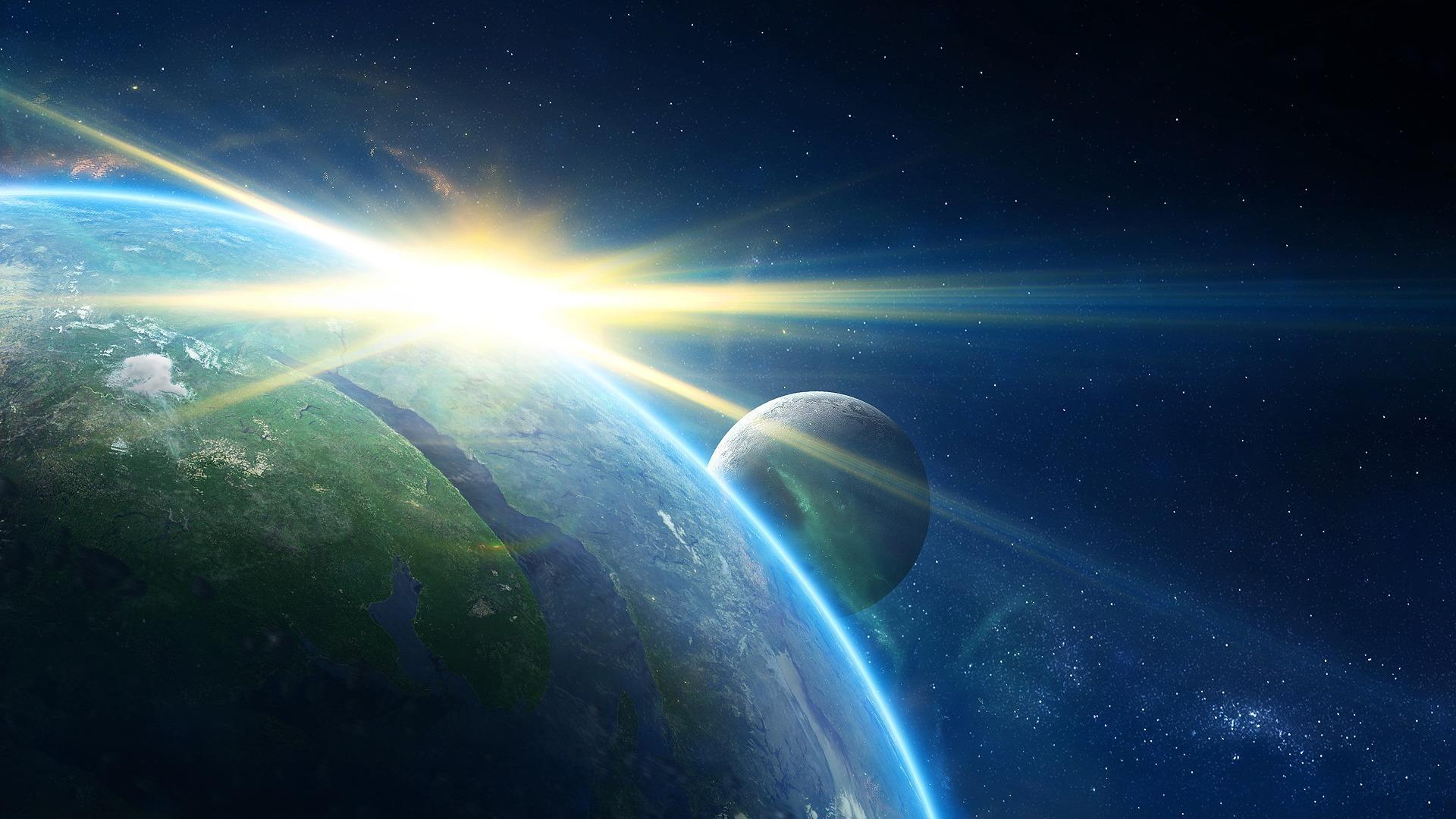 Erde, Mond, Sonnenstrahlen, Lichtreflex, Weltraum, Atmosphäre, 1920x1080, PC-Hintergrundbild