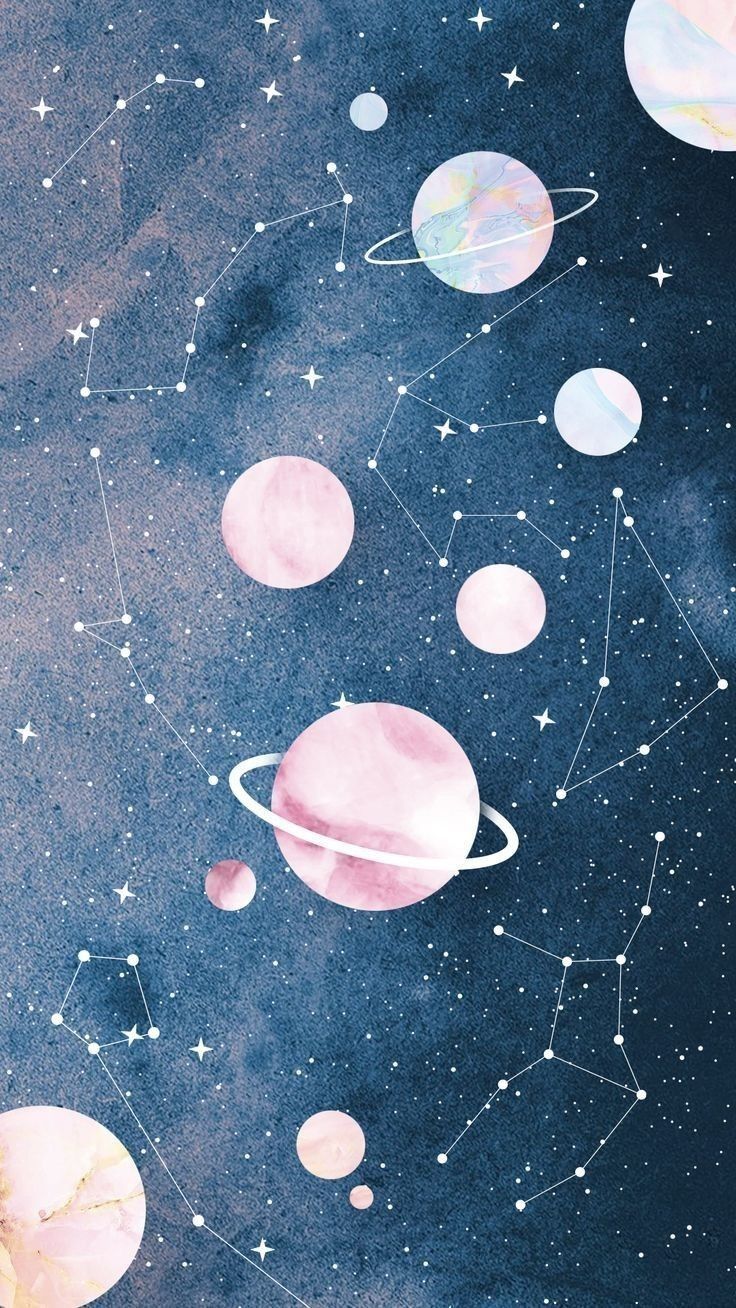 Planeten, Sternbilder, Pastellrosa, Blau, Aquarell, HD, Handy-Hintergrund im Hochformat