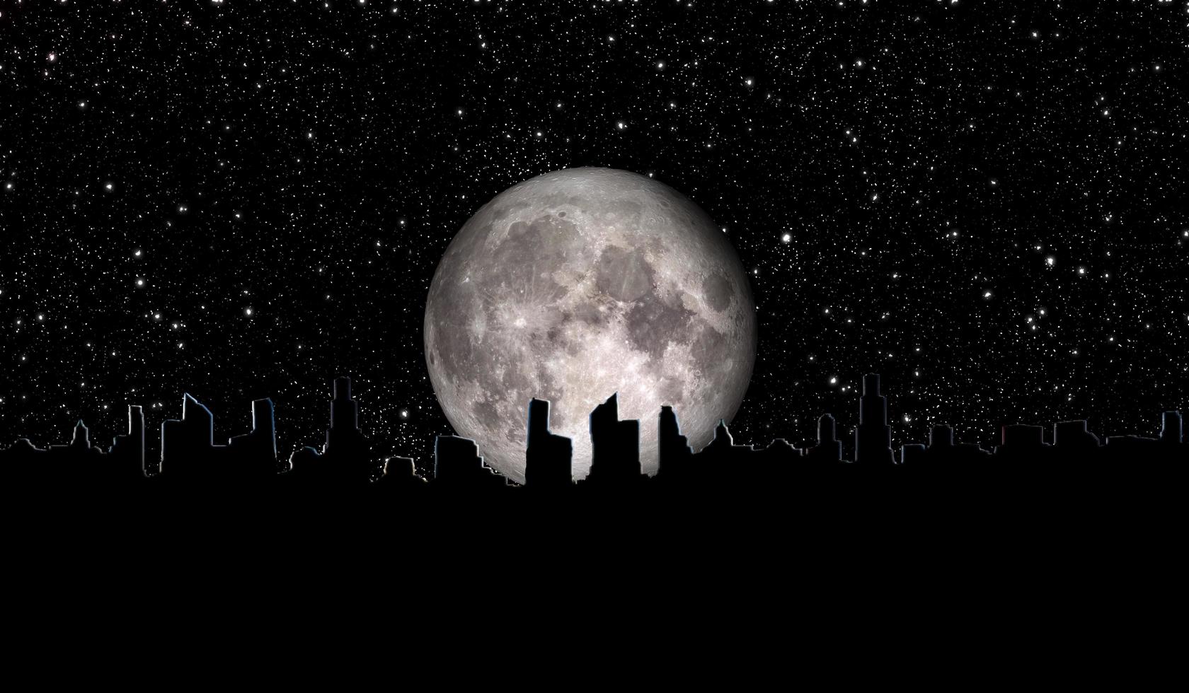Vollmond, Stadtsilhouette, Sternenhimmel, Schwarz-Weiß, Nacht, HD, Windows-Hintergrundbild