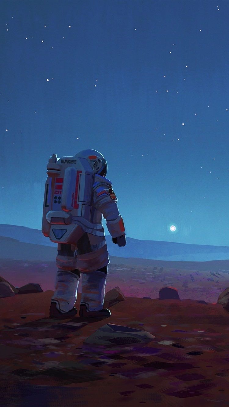 Astronaut, Fremder Planet, Rückenansicht, Digitale Kunst, Blau und Rot, HD, Handy-Hintergrundbild