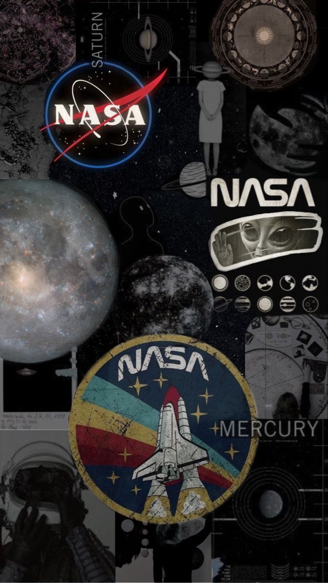 NASA, Mercury-Programm, Aufnäher, Collage, Schwarz, Hochformat, Hintergrundbild fürs Smartphone