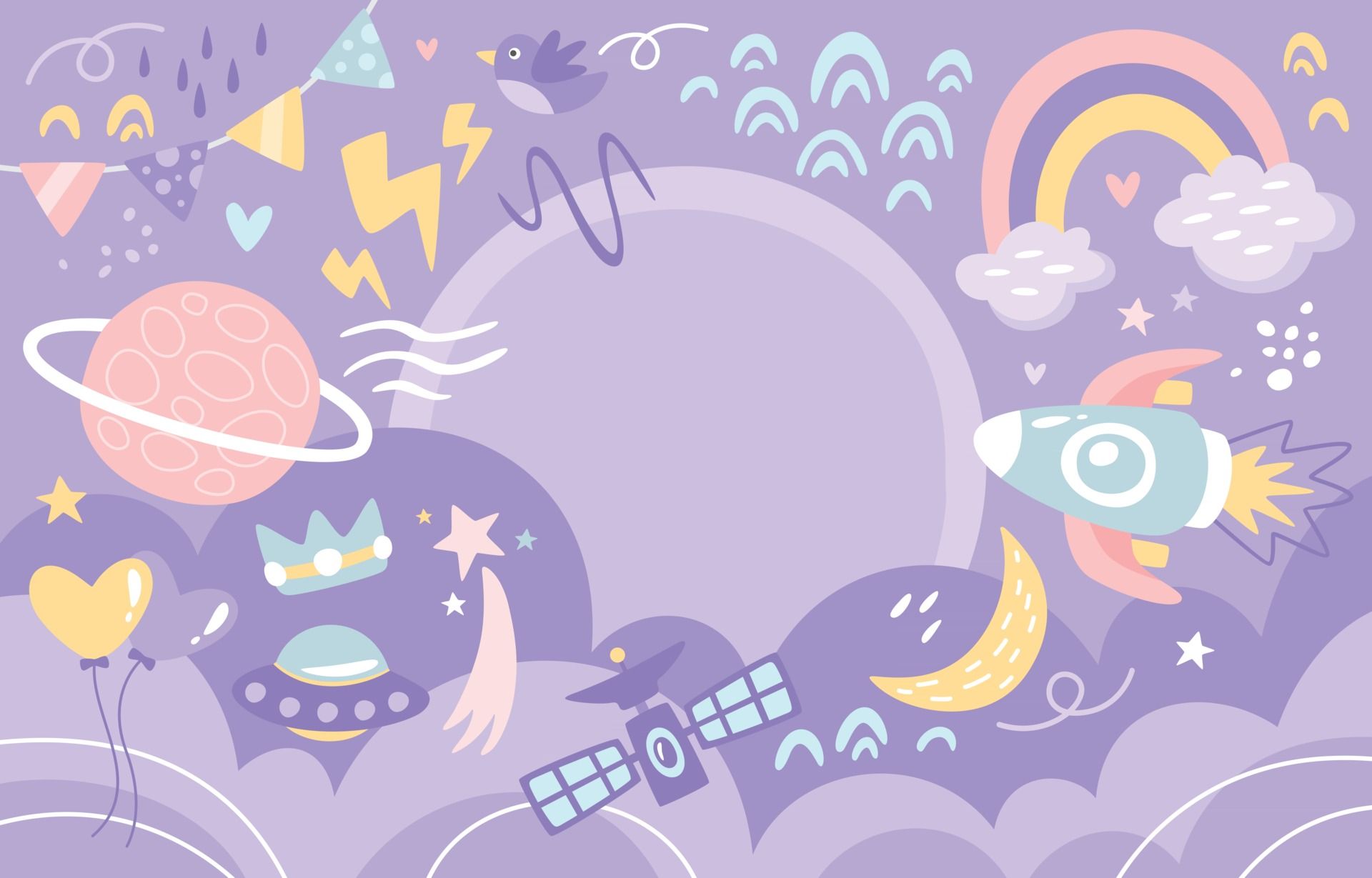 Planet, Rakete, Regenbogen, Illustration, Kinderzimmer, Lila Hintergrund, Full HD Wallpaper