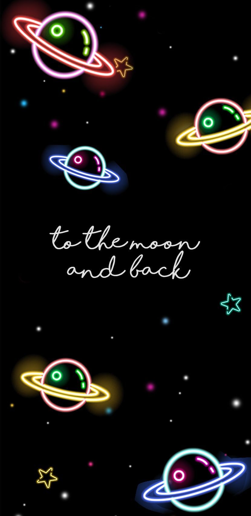 To the moon and back, Neon-Planeten, Zitat, Schwarzer Hintergrund, Sperrbildschirm fürs iPhone