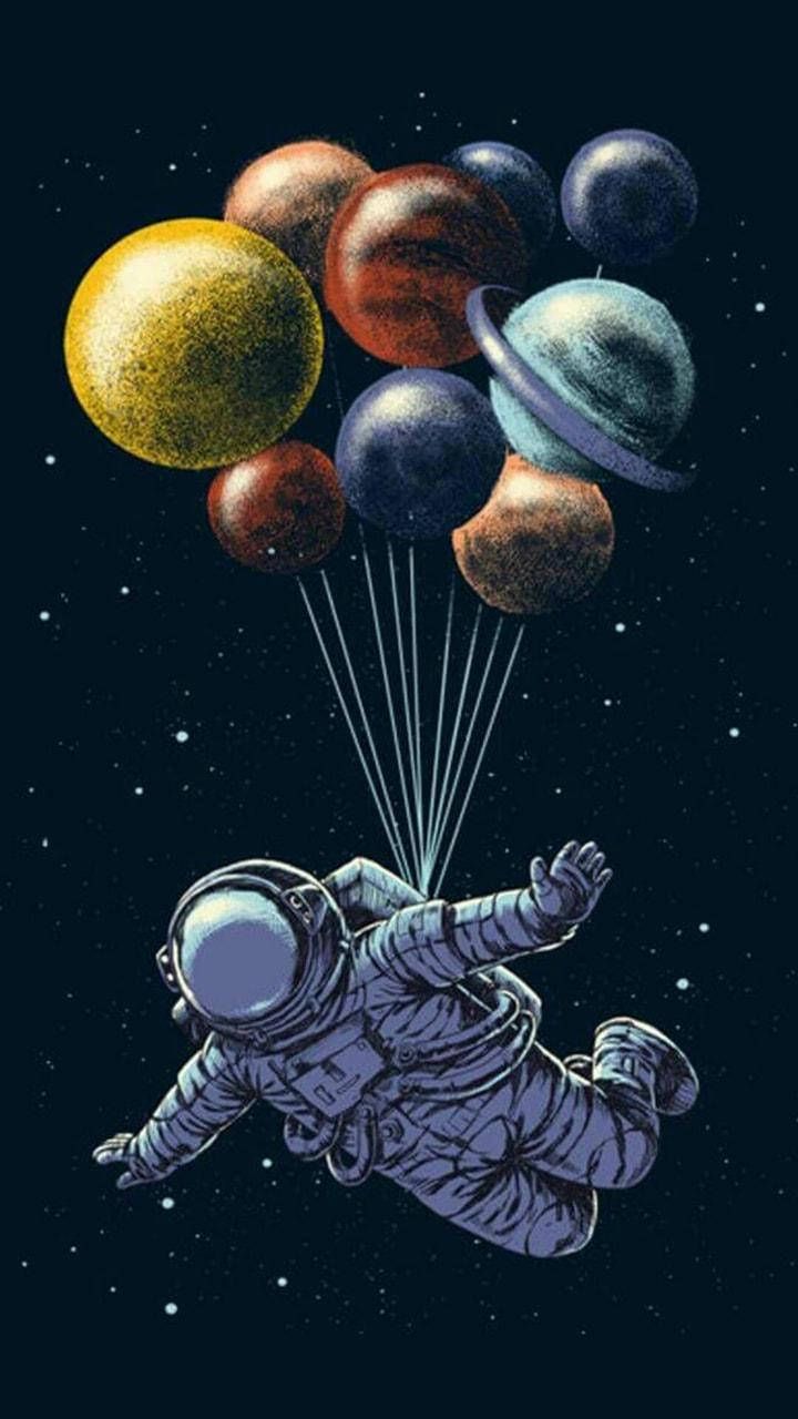 Astronaut, Planeten als Luftballons, Weltraum, Illustration, Surreal, HD, iPhone-Hintergrundbild