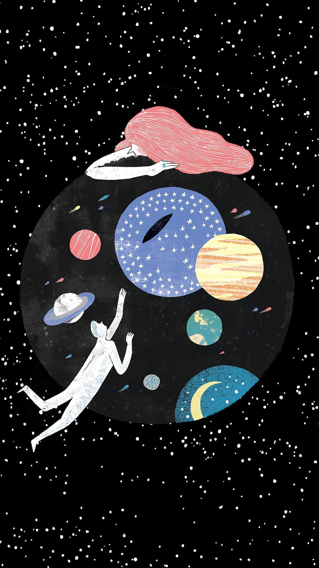 Astronaut, Planeten, UFO, Kreis, Sterne, Illustration, Full HD, Sperrbildschirm fürs iPhone