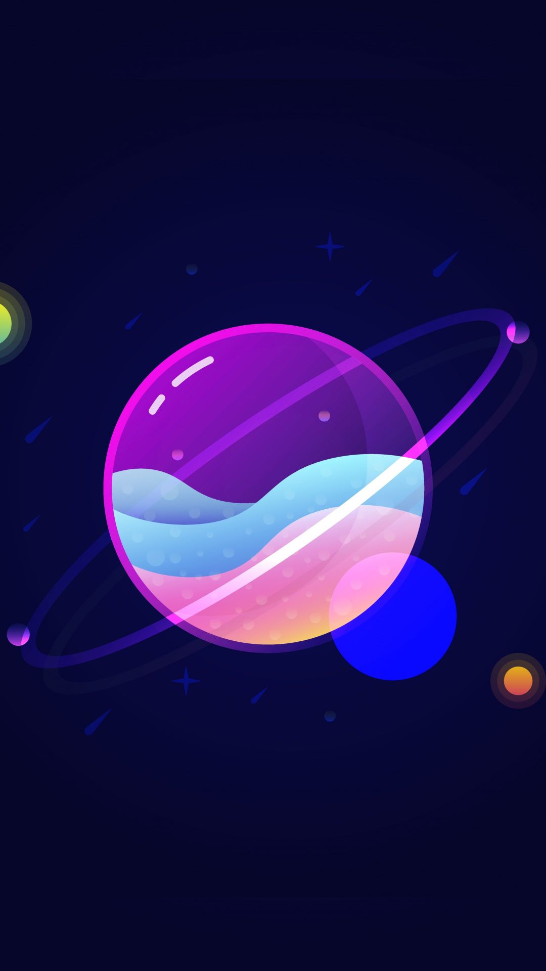 Planet, Wellen, Neonfarben, Lila, Digitale Kunst, Hintergrundbild für iPhone und Android