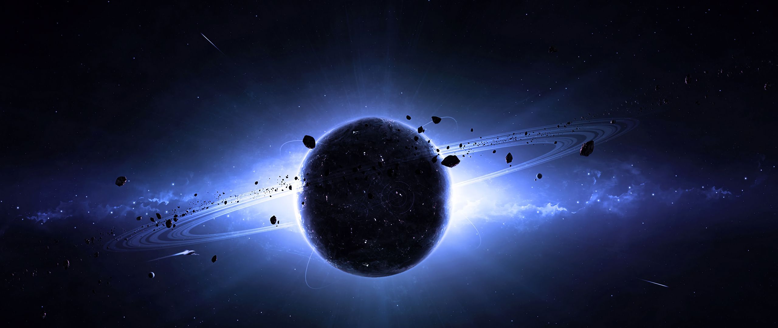Planet, Gegenlicht, Asteroiden, Blaues Leuchten, Weltraum, 2K, Desktop-Hintergrund
