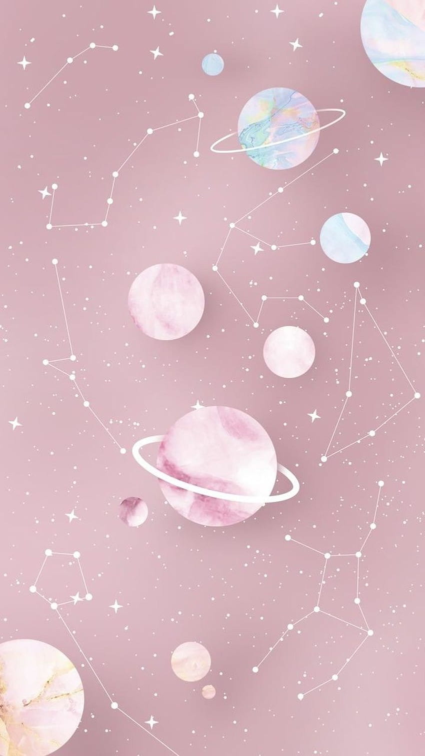 Planeten, Sternbilder, Pastellrosa, Aquarell, Hochformat, Hintergrundbild fürs Smartphone