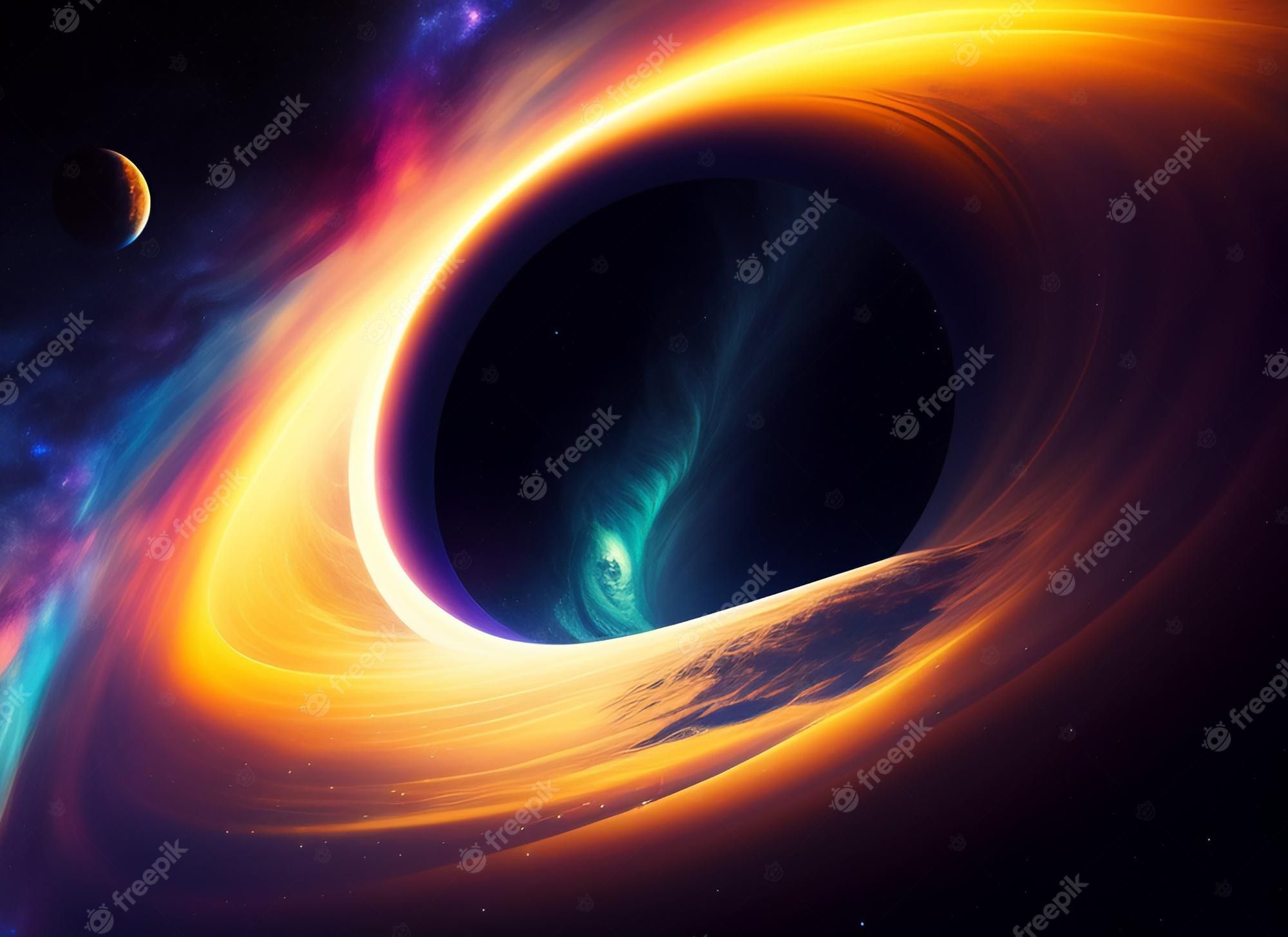 Schwarzes Loch, Akkretionsscheibe, Planet, Orange, Digitale Kunst, Full HD, PC-Hintergrundbild