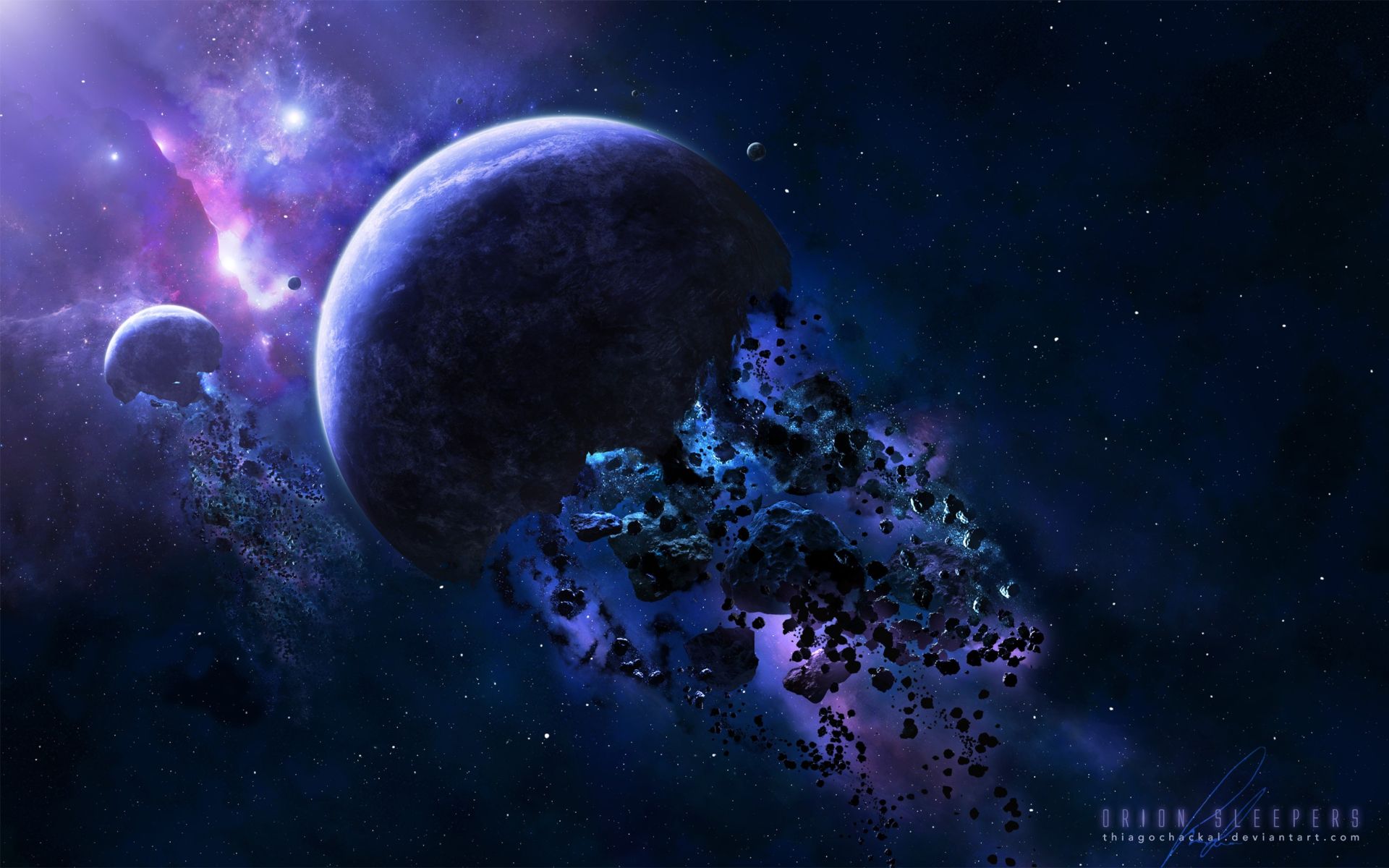 Zerbrechender Planet, Asteroiden, Nebel, Lila, Science-Fiction, Full HD, Breitbild-Hintergrundbild