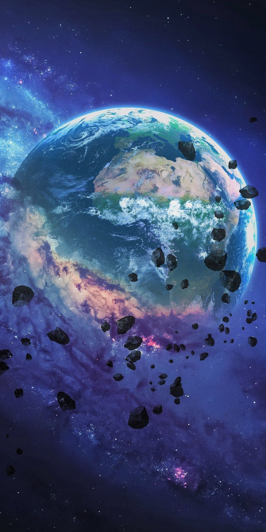 Zerbrechender Planet, Erde, Trümmer, Blau, Digitale Kunst, Full HD, Handy-Hintergrund