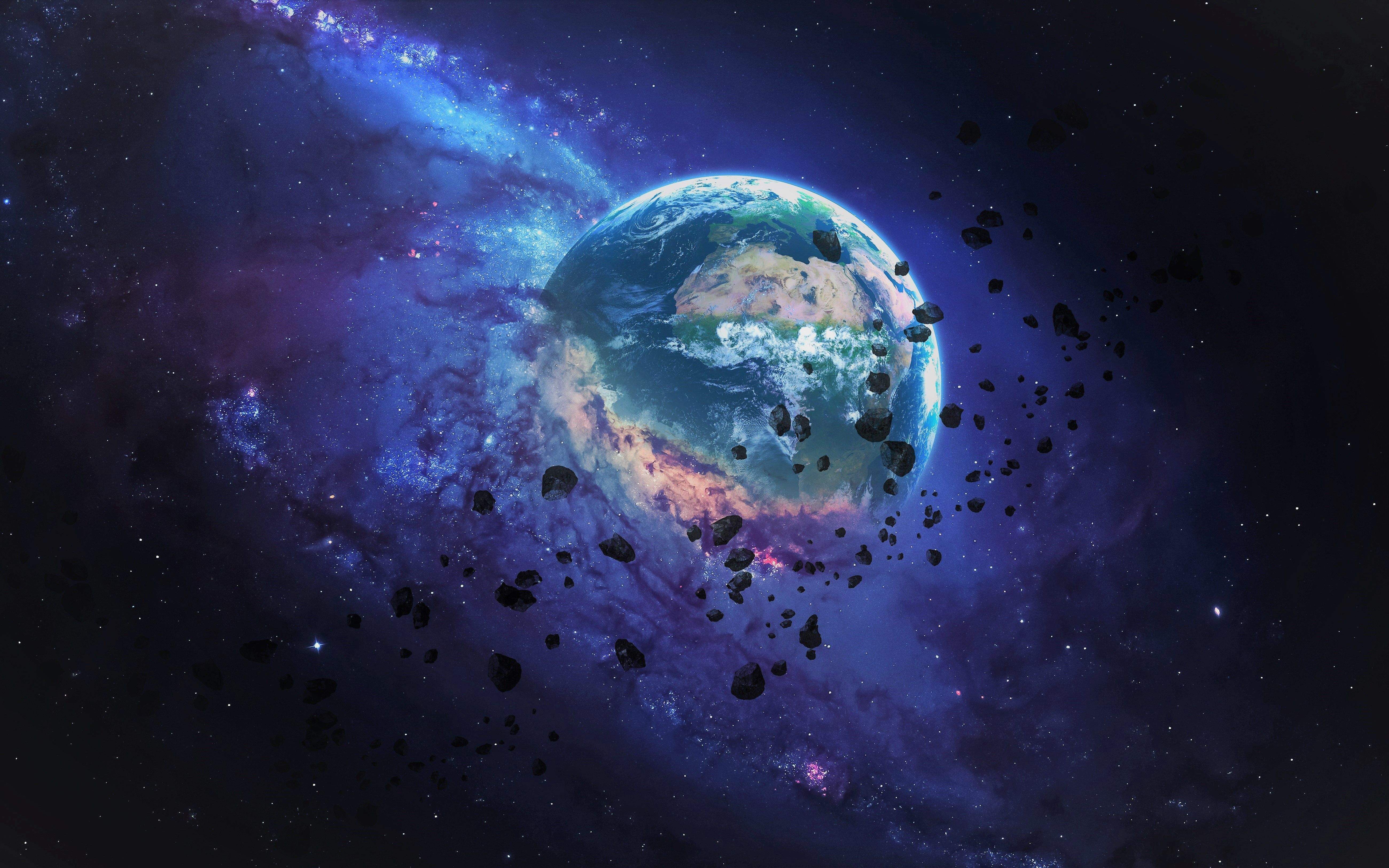 Erde, Asteroiden, Zerstörung, Galaxie, Science-Fiction, Lila, 5K, PC-Hintergrundbild