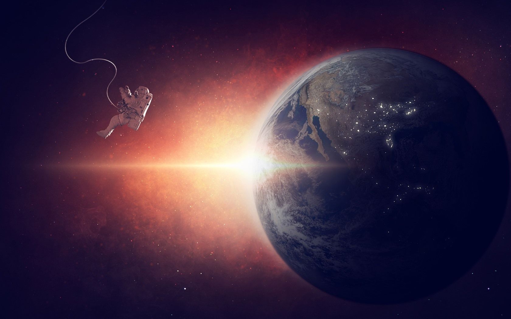 Astronaut, Erde, Sonnenaufgang, Weltraumspaziergang, Rot-Orange, HD, PC-Hintergrundbild
