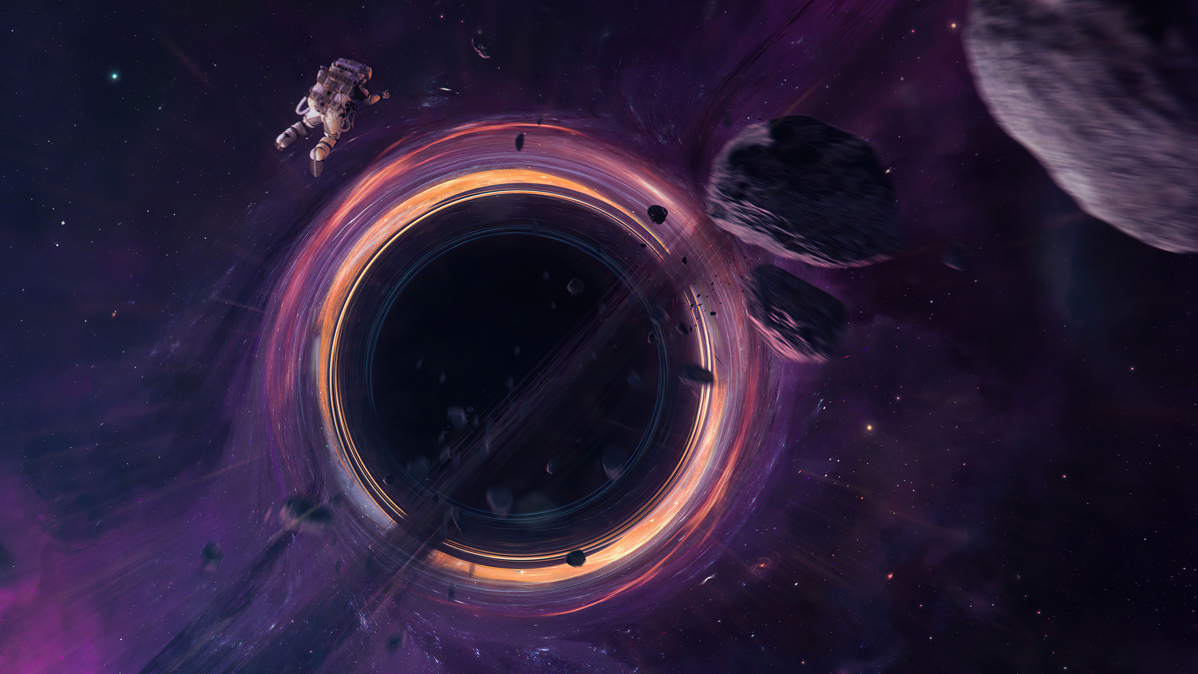 Schwarzes Loch, Astronaut, Asteroiden, Lichtring, Science-Fiction, 4K, Breitbild-Hintergrundbild