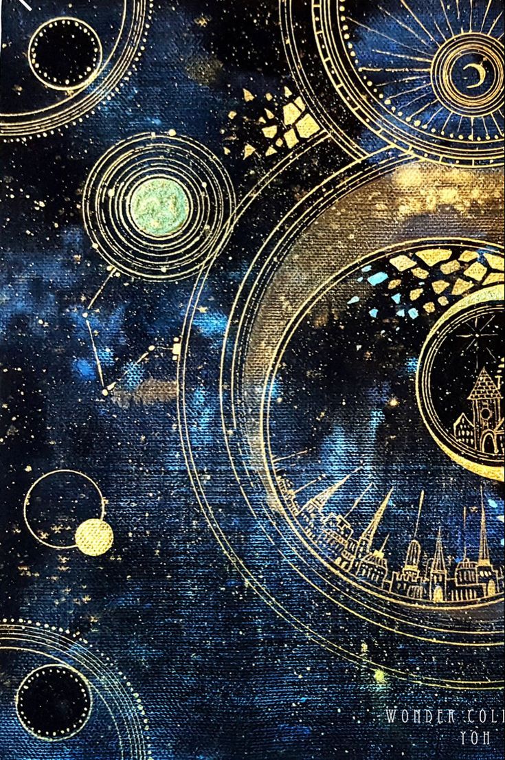 Himmelskarte, Goldene Ornamente, Planetenbahnen, Sterne, Blau und Gold, Kunstillustration, HD-Handy-Hintergrundbild