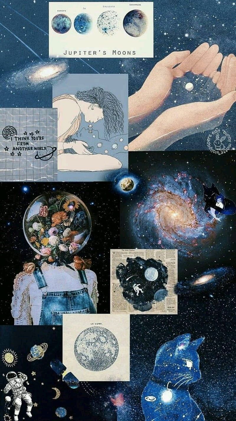 Collage, Planeten, Astronaut, Mond, Pastellblau, Weltraum-Ästhetik, Android-Hintergrundbild