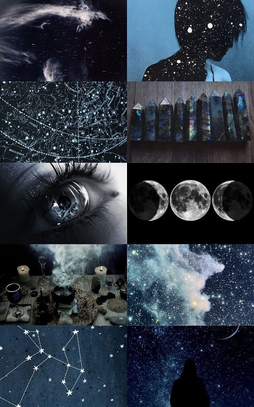 Collage, Mondphasen, Sternbilder, Nachthimmel, Silhouette, Dunkelblau, HD, Handy-Hintergrund