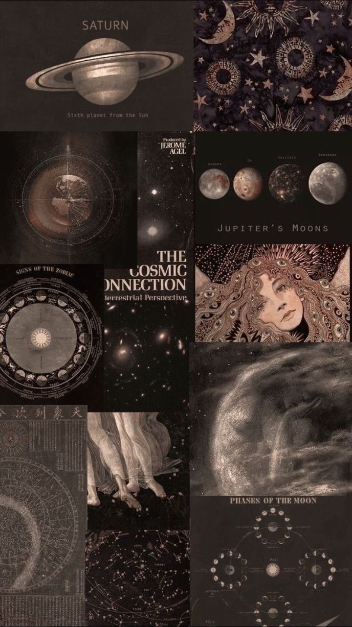 Collage, Saturn, Mondphasen, Braune Töne, Weltraum-Ästhetik, HD, iPhone-Hintergrundbild