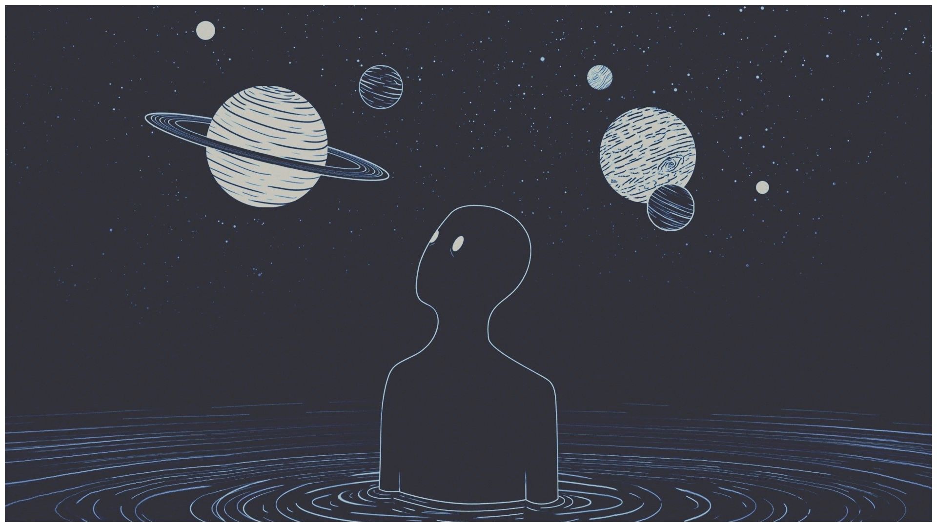 Saturn, Planeten, Silhouette, Illustration, Wasser, Sternenhimmel, Full HD, Laptop-Hintergrundbild