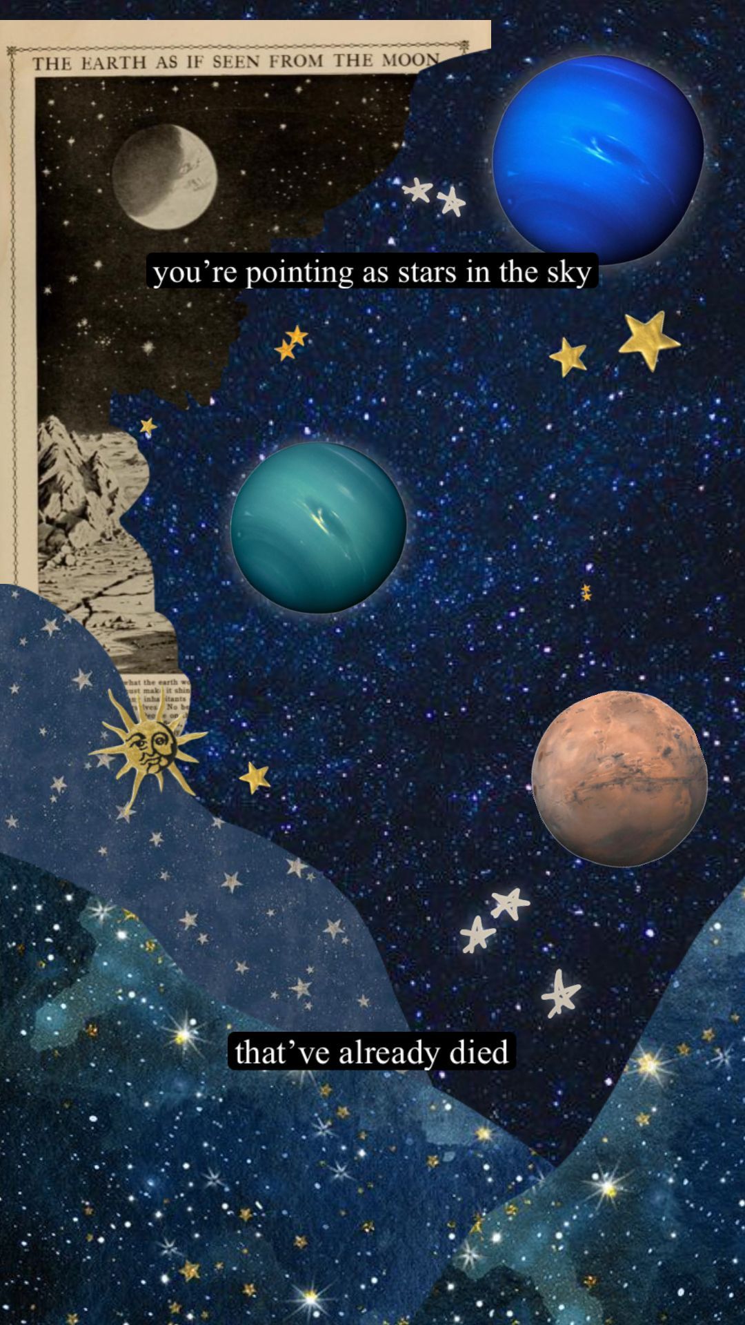 Collage, Planeten, Sterne, Zitat, Blaue Töne, Full HD, Hintergrundbild fürs Handy