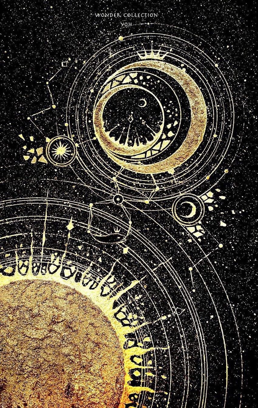 Sonne, Mondsichel, Goldene Ornamente, Himmelskarte, Vintage, HD, iPhone-Hintergrundbild