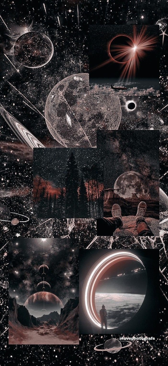 Collage, Planeten, Mond, Dunkle Töne, Kosmos, Hintergrundbild für iPhone und Android