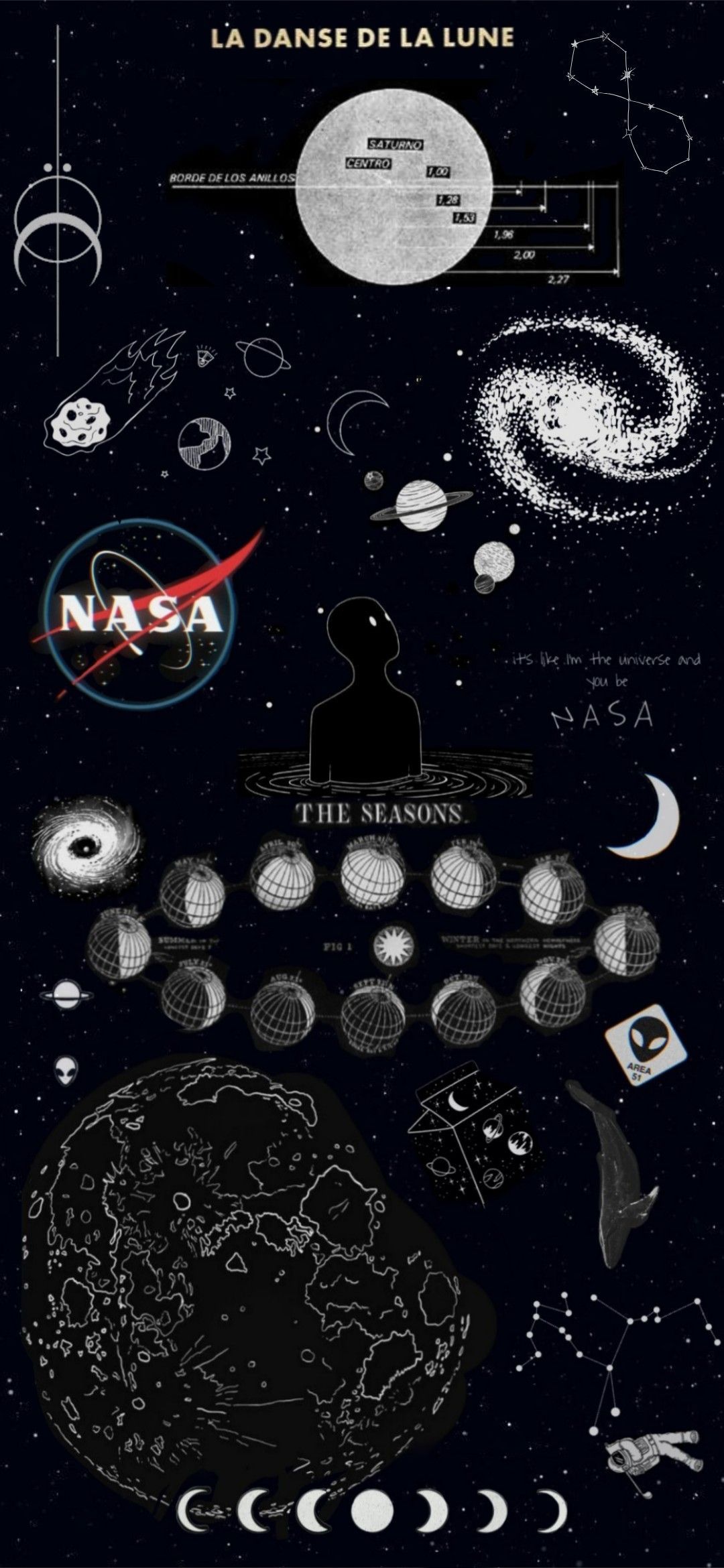 NASA, Mondphasen, Galaxie, Sternbilder, Collage, Vintage, Full HD, iPhone-Hintergrundbild