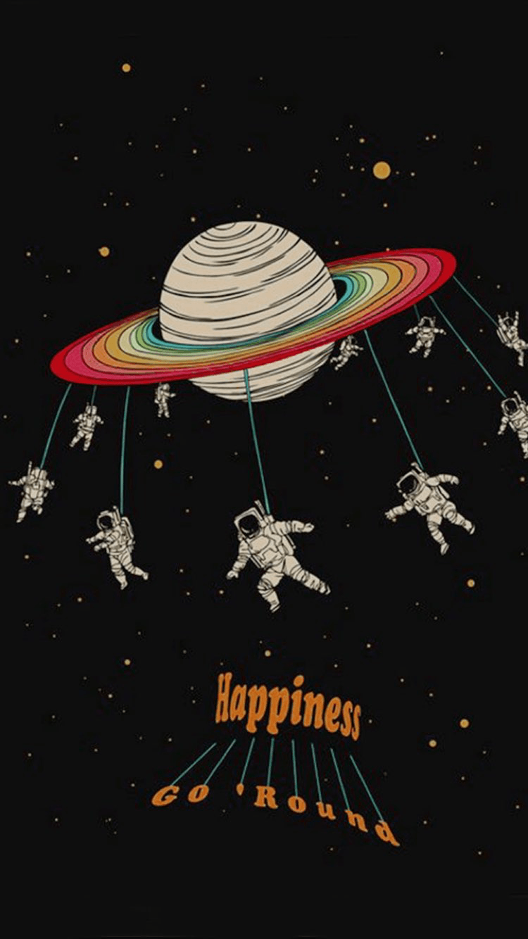 Saturn, Astronauten, Mobile, Schriftzug, Schwarzer Hintergrund, Sperrbildschirm fürs iPhone