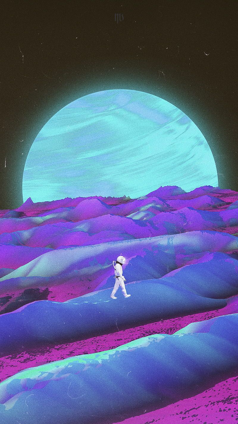 Planet, Surreale Landschaft, Wanderer, Neonfarben, Lila und Türkis, HD, Handy-Hintergrund