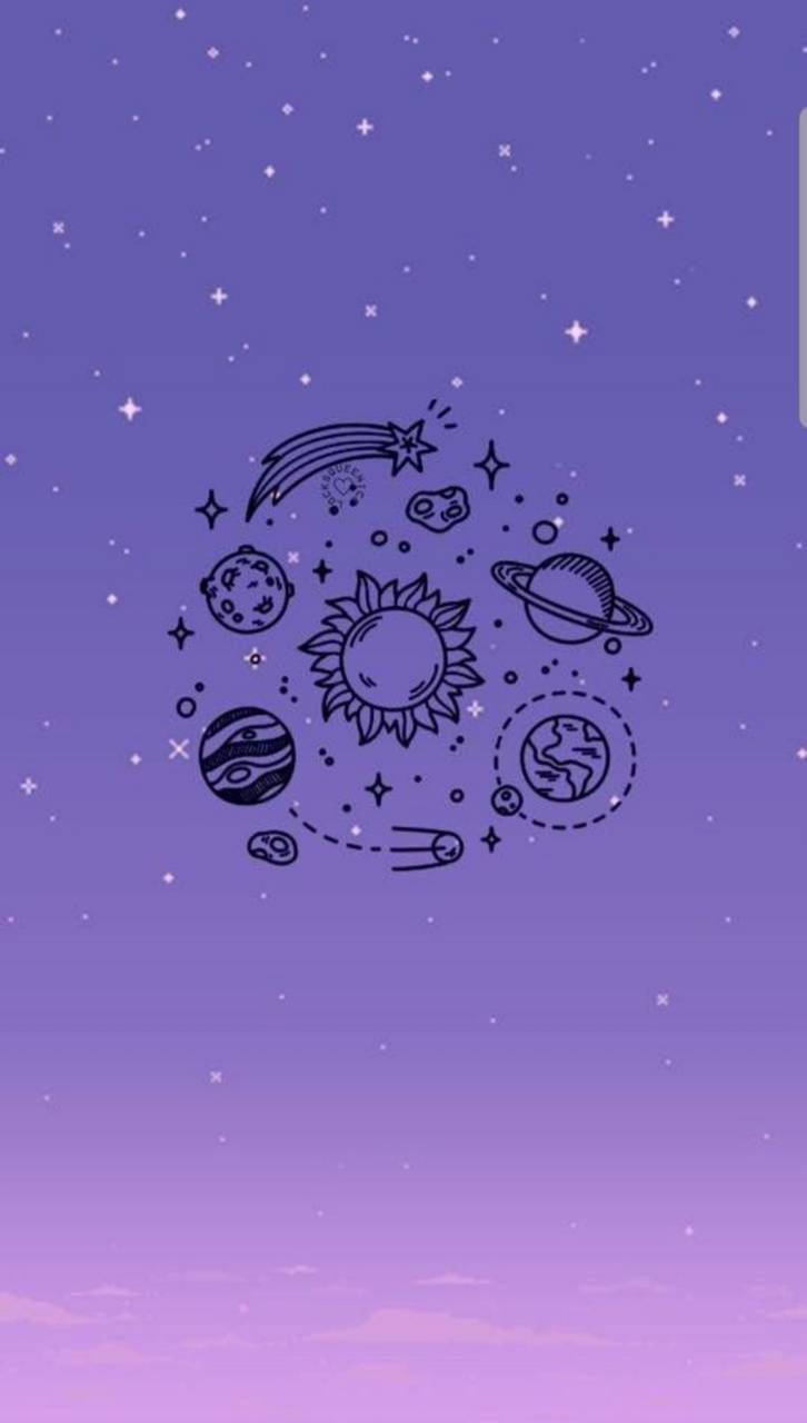 Planeten, Linienkunst, Lila Hintergrund, Minimalismus, Farbverlauf, Sperrbildschirm fürs iPhone