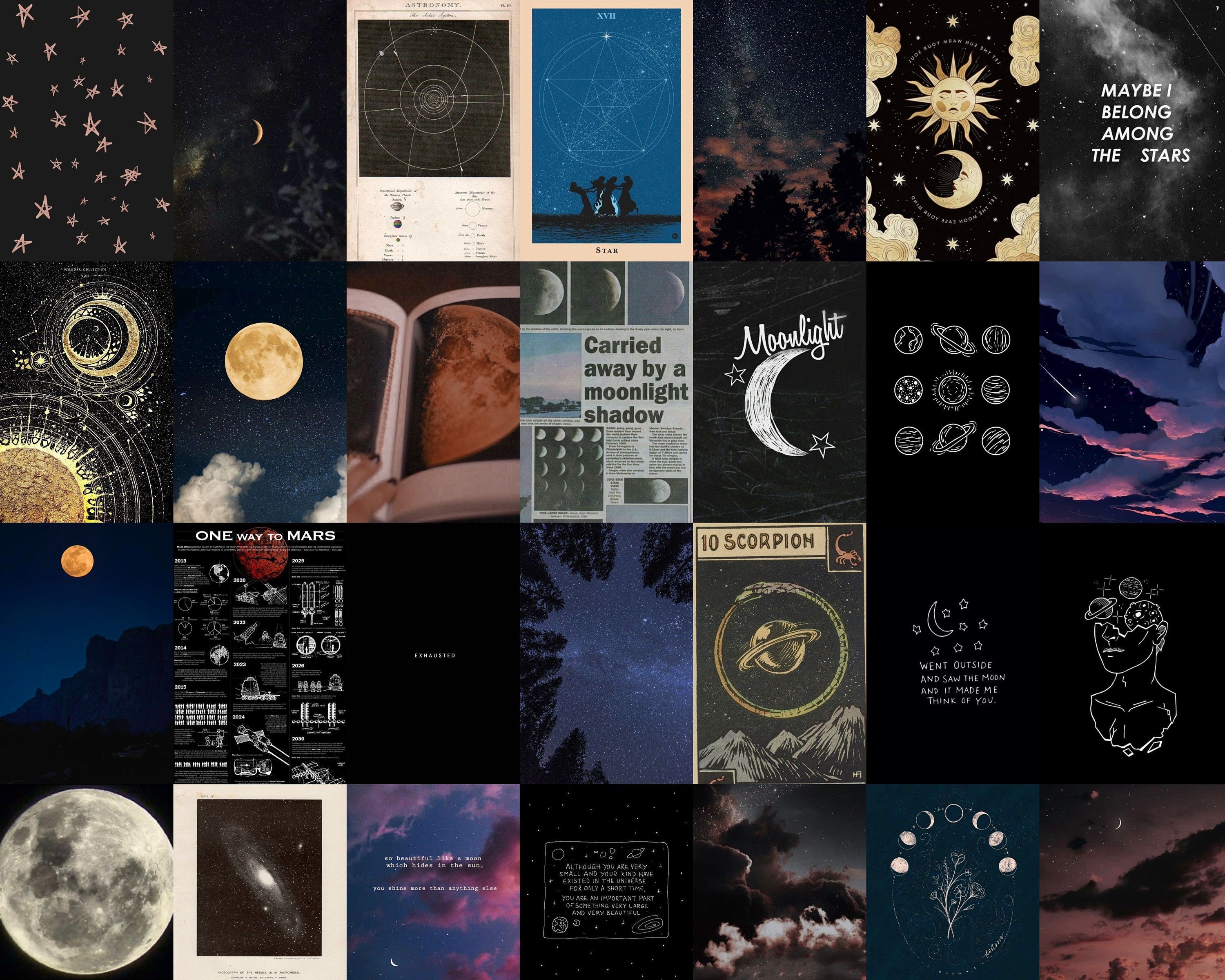 Collage, Mond, Sternzeichen, Weltraum-Ästhetik, Dunkle Töne, 2K, PC-Hintergrundbild