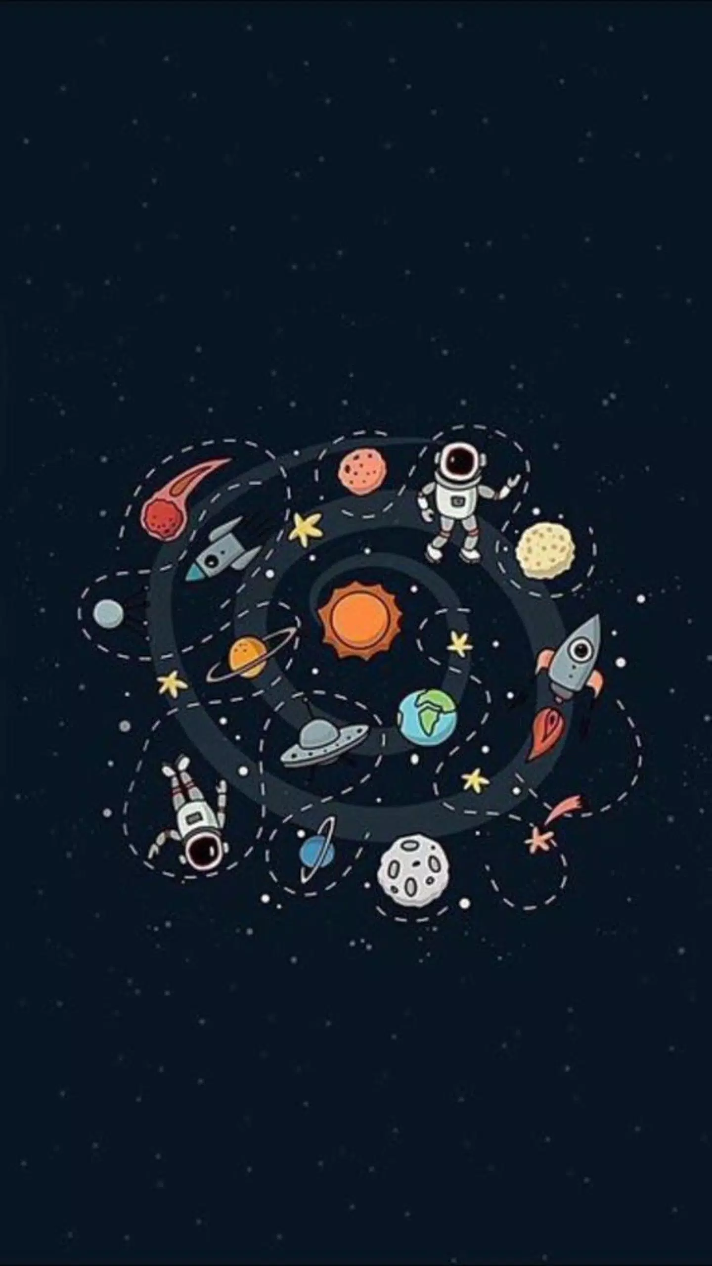 Sonnensystem, Astronaut, Illustration, Dunkelblau, QHD+, Hintergrundbild fürs Handy