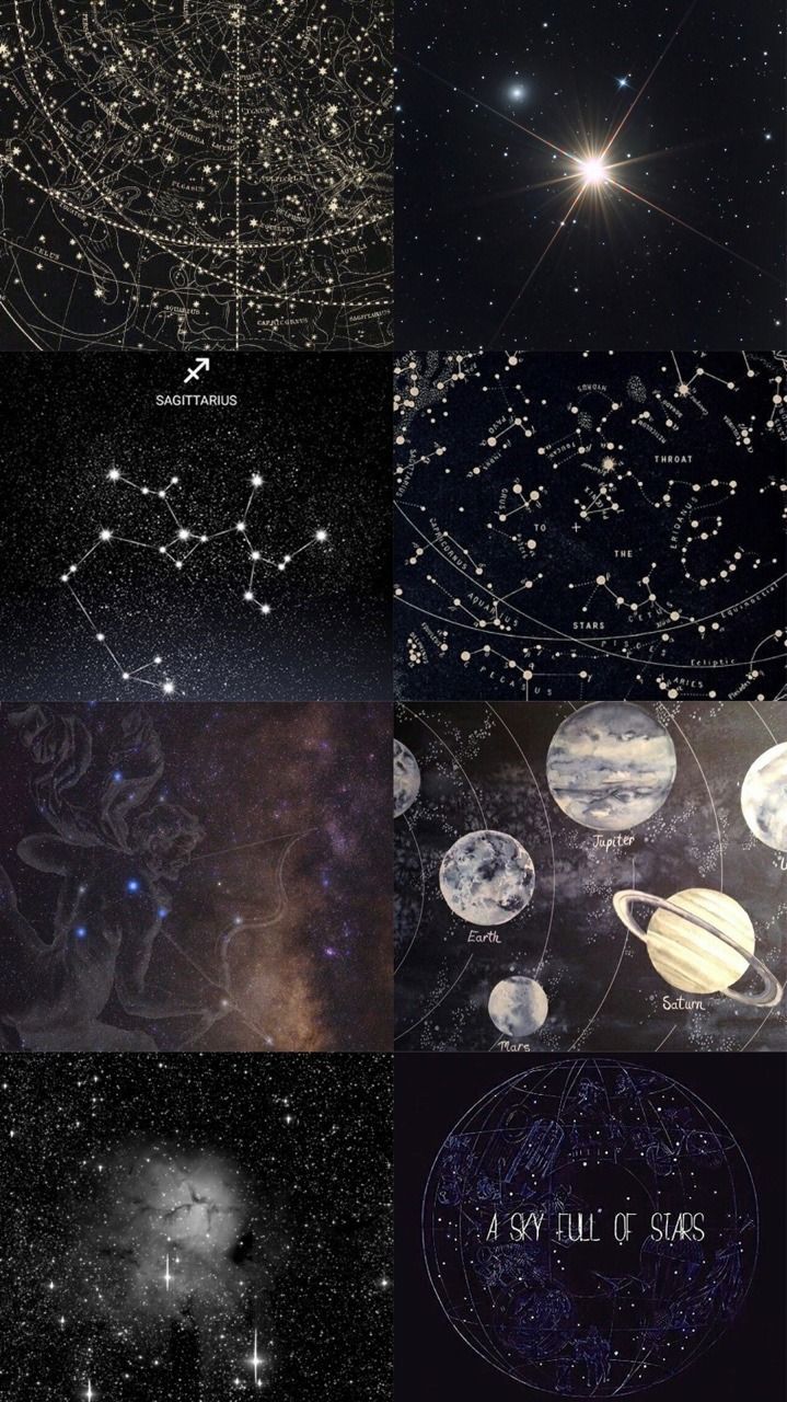 Collage, Sternbilder, Planeten, Himmelskarte, Dunkle Töne, Hintergrundbild fürs Handy