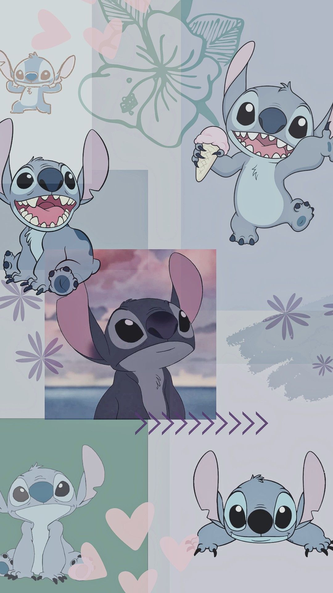 Stitch, Collage, Graugrün, Pastell, Disney, Full HD, Handy-Hintergrund im Hochformat