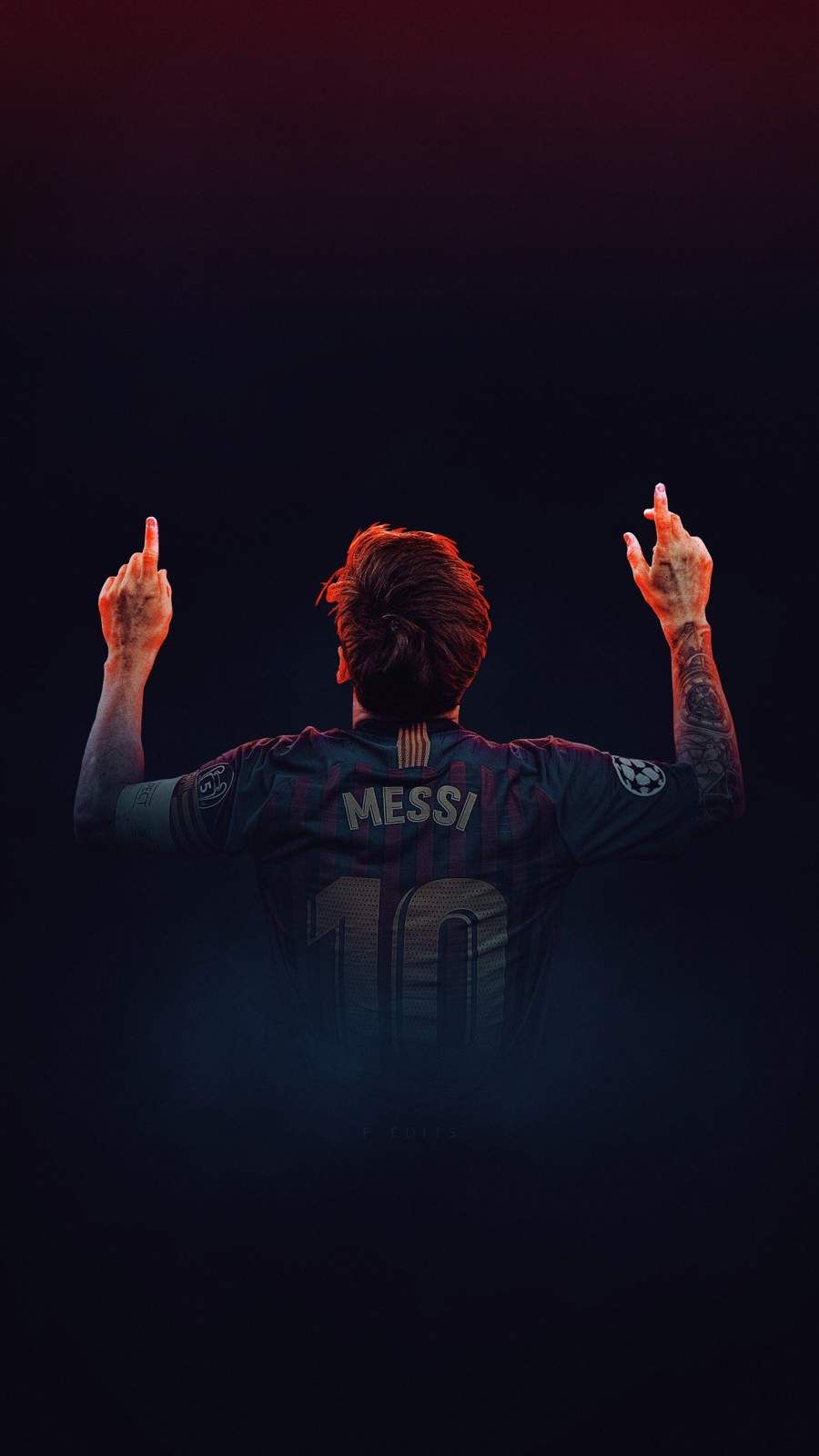 Lionel Messi, FC Barcelona, Erhobene Arme, Dunkelblau, Rückenansicht, HD, Handy-Hintergrund