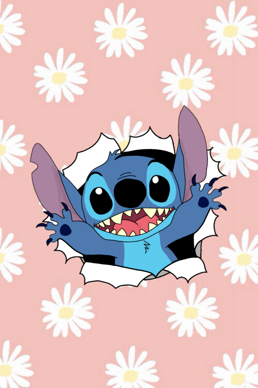 Stitch, Gänseblümchen, Aufgerissenes Papier, Rosa, Niedlich, HD, Handy-Hintergrundbild