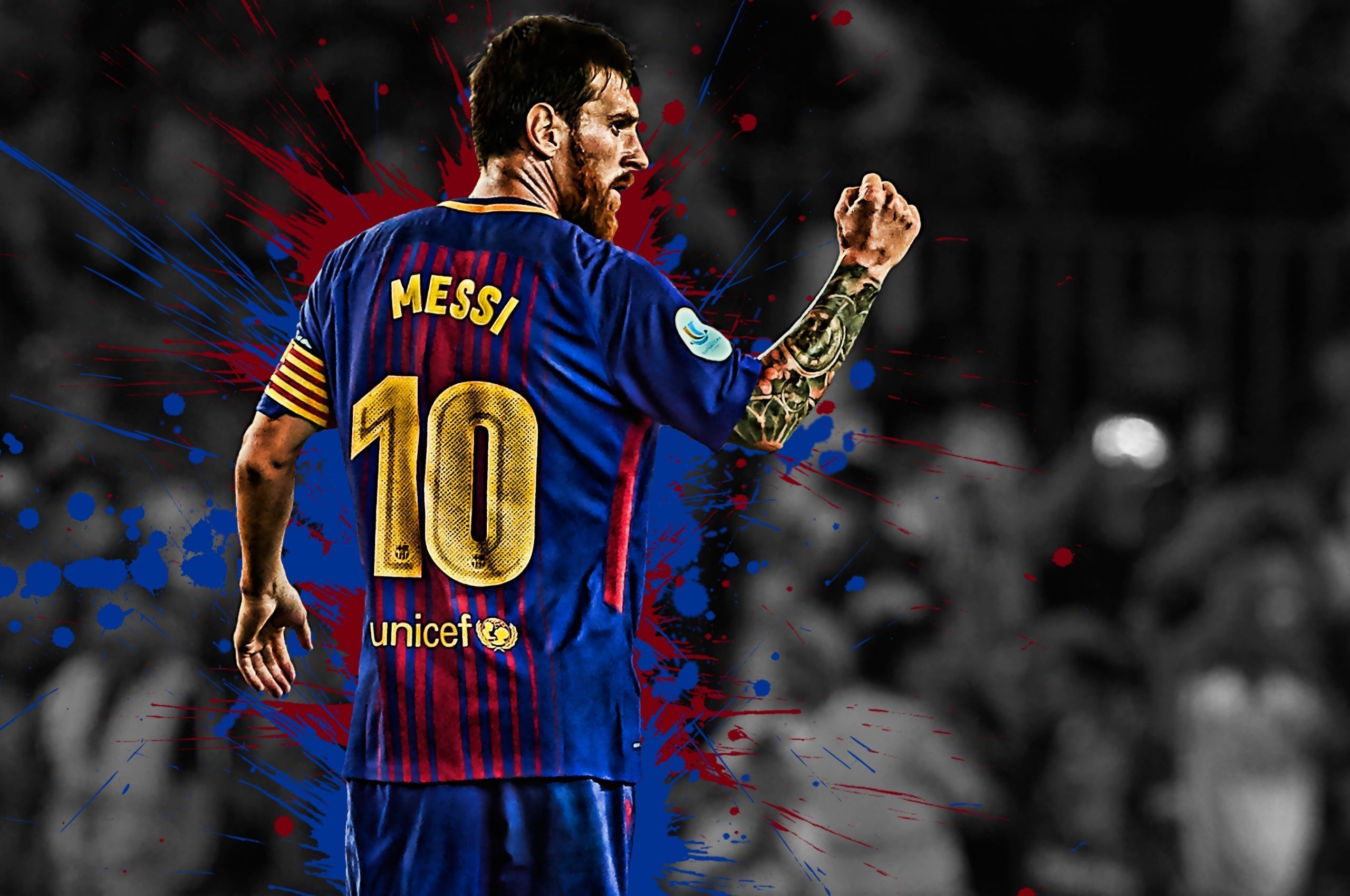 Lionel Messi, FC Barcelona, Rückennummer 10, Farbspritzer, Jubel, 2K, Desktop-Hintergrund